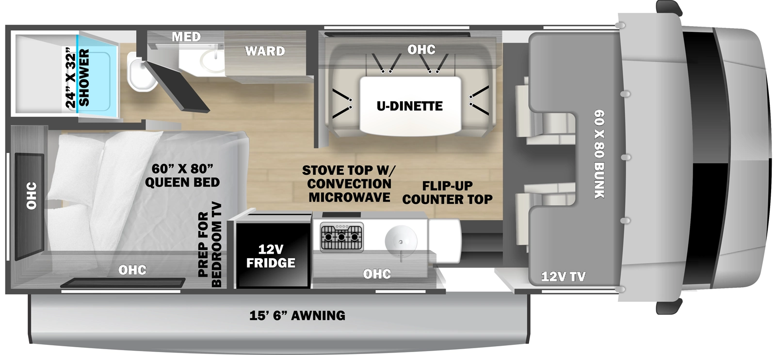 The Solera 22N4X4 floorplan has one entry and zero slide outs. Exterior features include: 15' 6" awning. Interiors features include: rear bedroom, bunk over cab, u-dinette and dinette.